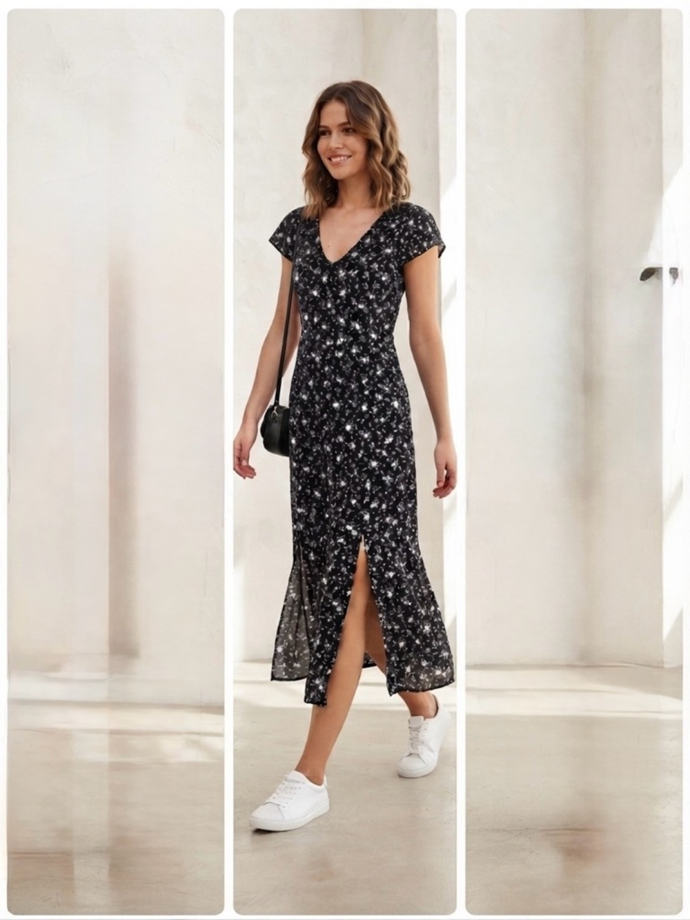 PrettyLittleThing Black Floral V-Neck Midi Dress with Front Split